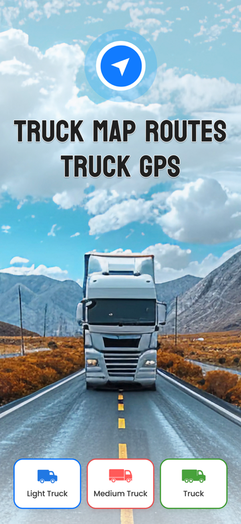TruckMap.AI - Truck GPS Routes - Écran d'accueil de l'application de navigation GPS pour camion TruckMap avec des boutons de sélection du type de véhicule