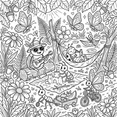 Explore a delightful summer scene where friendly forest insects are enjoying their vacation. From playing music to building sandcastles, this charming coloring page brings the joy of summer to life.