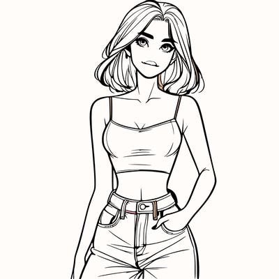 a realistic girl with a crop top and jeans