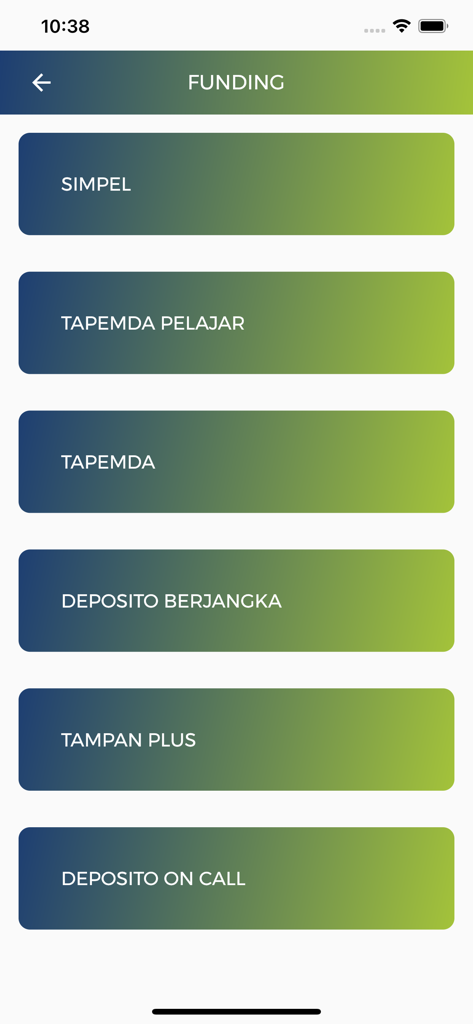 Macca Apps - Funding module interface in Macca Apps displaying various banking product categories like Simpel and Tapemda