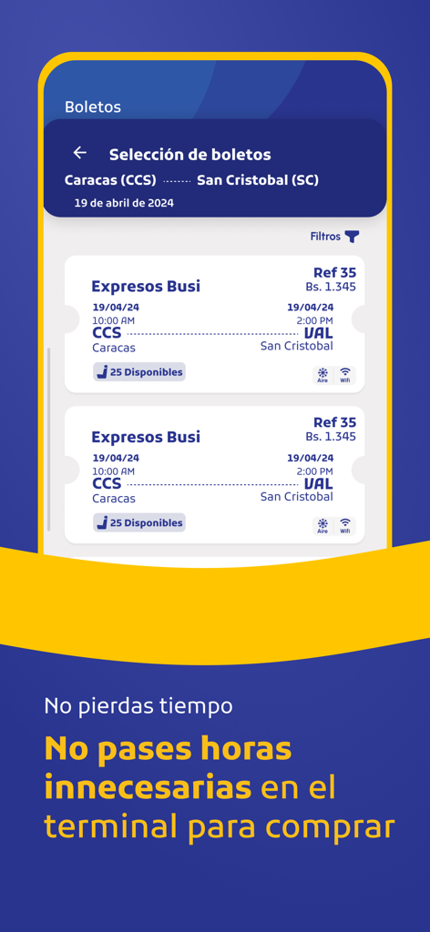 Busi Boletos - Interfaz de la aplicación Busi Boletos que muestra las opciones de boletos de autobús disponibles para la ruta Caracas-San Cristóbal con precios y horarios.