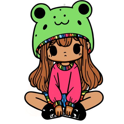 a girl wearing a frog hat and some frog socks