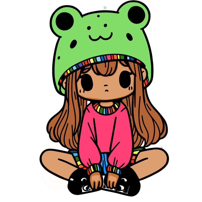 a girl wearing a frog hat and some frog socks