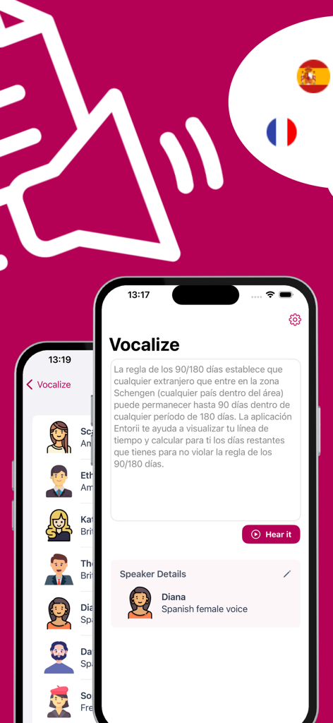 Text to Speech Audio Voice - Vocalize mobile app interface showing text conversion to a Spanish female voice.