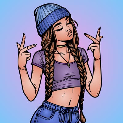 realistic teenage girl with braids and a beanie and crop top doing 🫶🏼