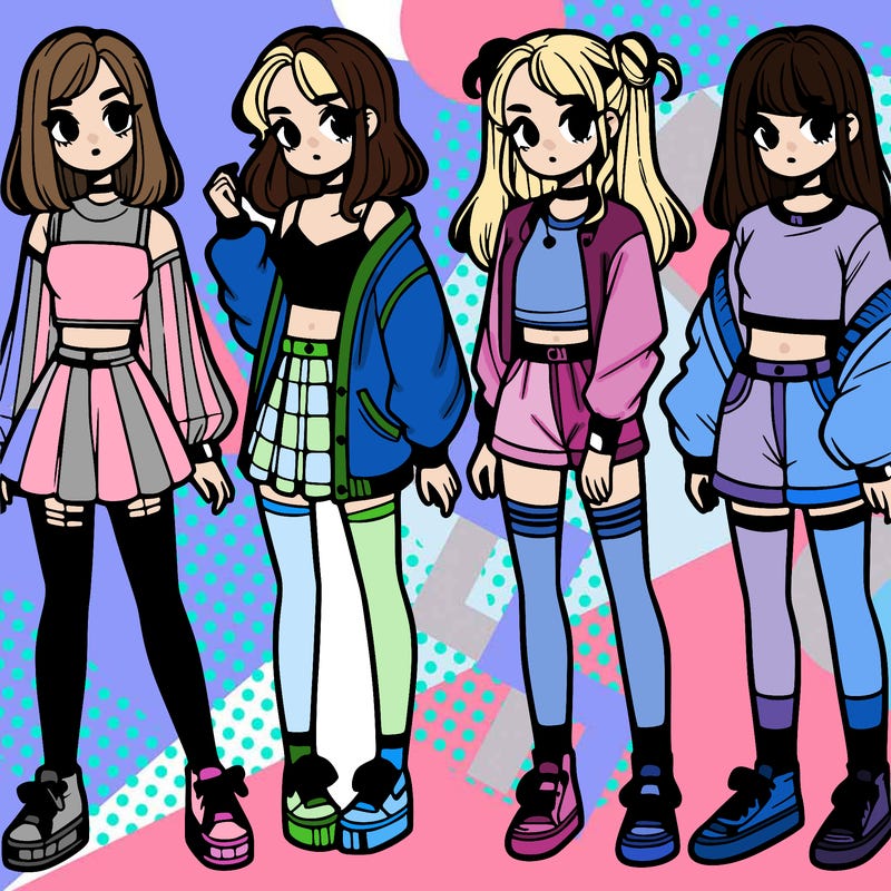 one girl with crop-top shirt and a jacket with a skirt, long socks and another girl with a shirt and pants with a jacket