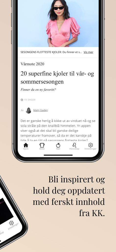 KK mote, helse, mat, horoskop - Tela de smartphone mostrando um artigo de moda no aplicativo de estilo de vida KK com ícones de navegação para moda, comida e horóscopos