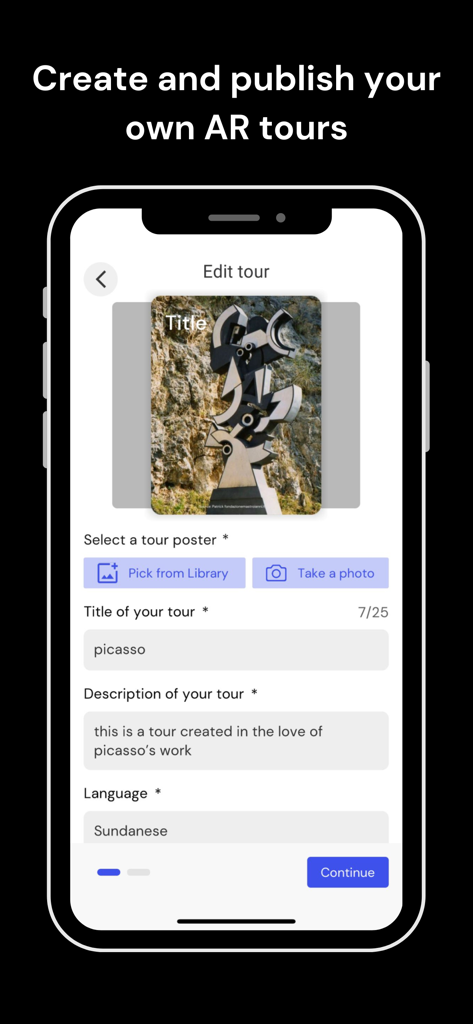 Wintor AR Tours - Mobile app screen showing the interface to create and publish a custom AR tour with fields for title and description