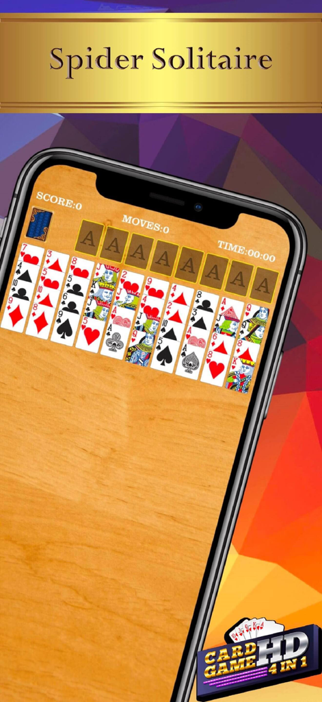 Spider Solitaire gameplay showing cards on a wooden table background