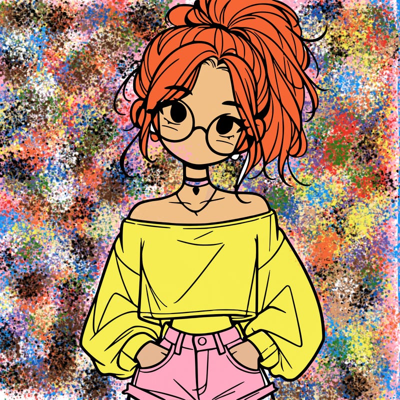 girl with a messy ponytail glasses a baggy crop top and jean shorts