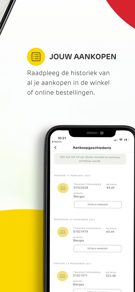 Smartphone screen of the Brico App displaying the digital purchase history and store receipts.