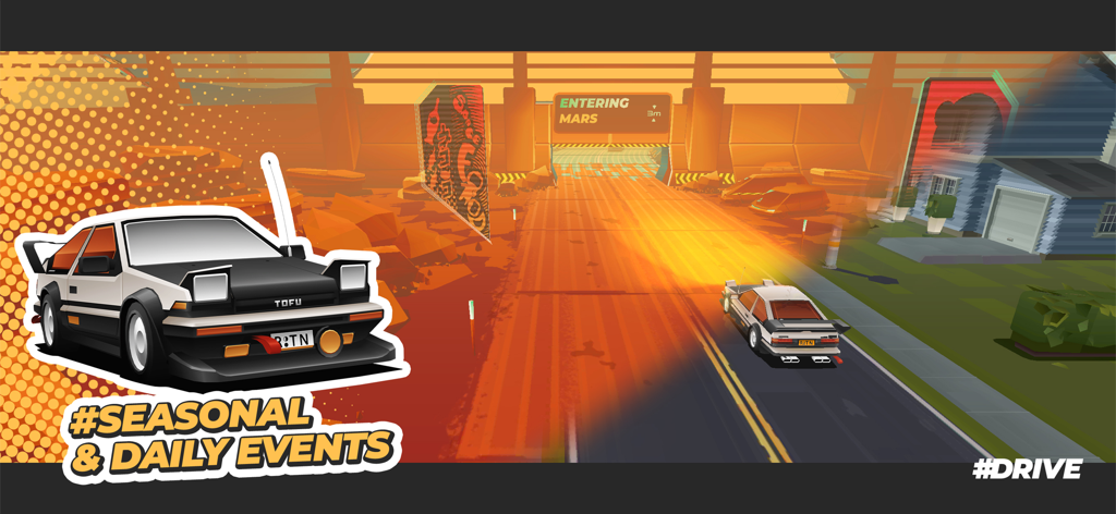 A low poly retro car driving through an orange landscape towards a gate labeled Entering Mars in the DRIVE mobile game