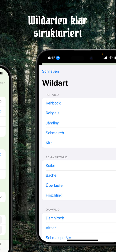 Waidwerk - Structured menu of huntable game species in the Waidwerk hunting diary app
