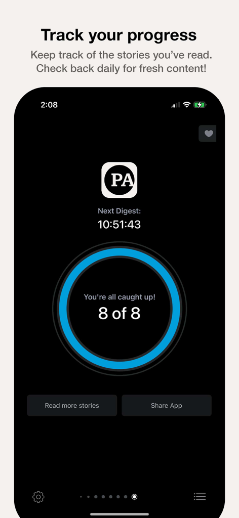 Spotlight PA app interface showing a circular progress tracker with eight of eight daily news stories completed and a countdown for the next digest