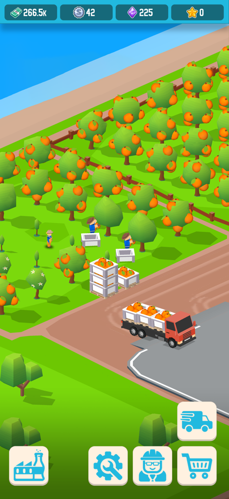 Soda Inc: Idle Tycoon - Trabalhadores colhendo laranjas de um pomar no jogo mobile Soda Inc Idle Tycoon.