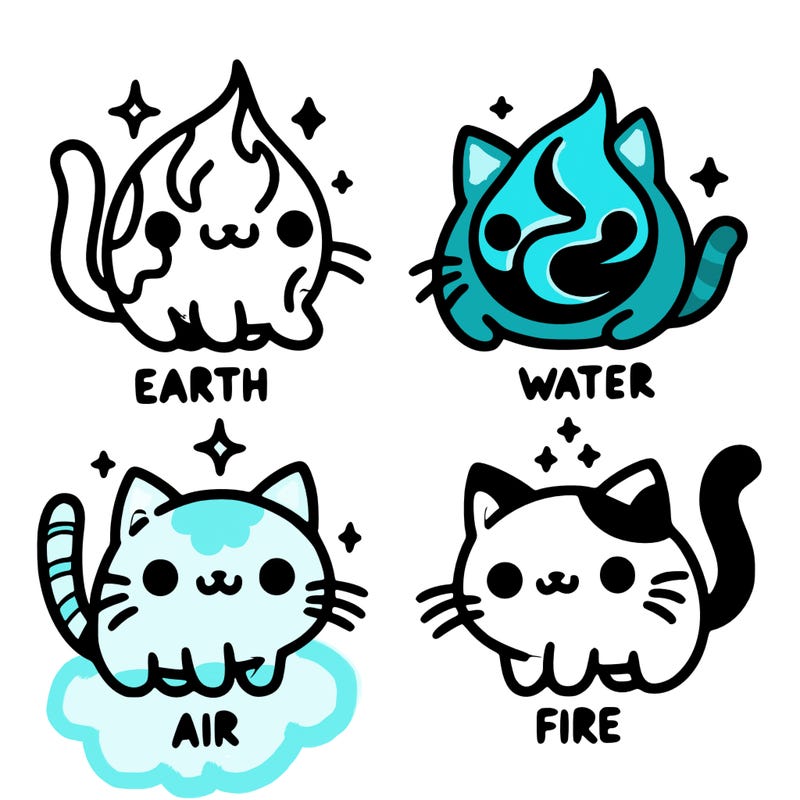 4 cats that represent the different elements, earth, water, air, and fire