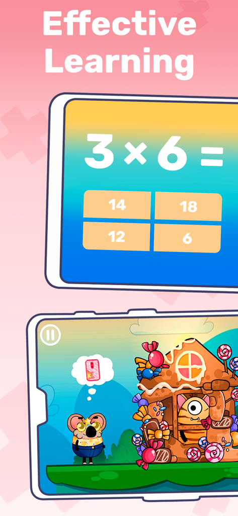 Multiplication Games For Kids. - Multiplication game screens showing a math quiz and an educational adventure world for children.