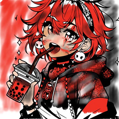 hot baddie anime girl drinking boba and biting the straw