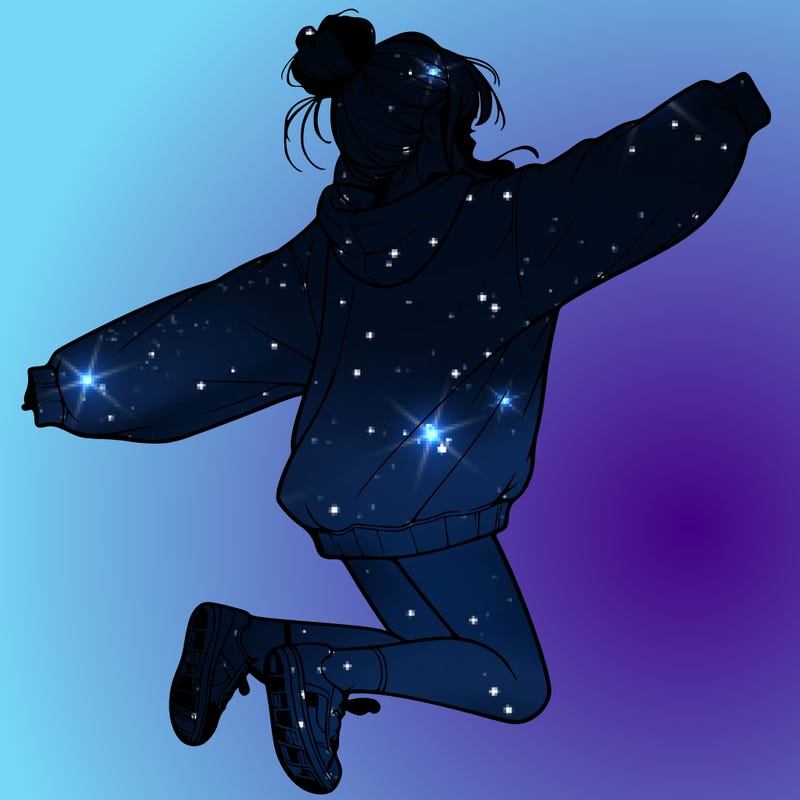 realistic girl jumping with a bun and oversized sweatshirt