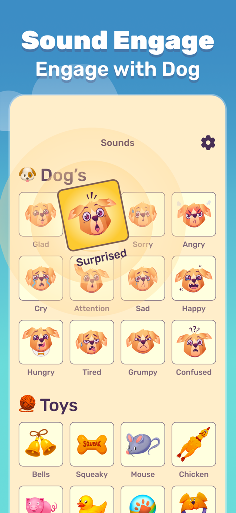 Jolly Dog: Game For Pets - Interface of Jolly Dog app showing dog sound and toy engagement options