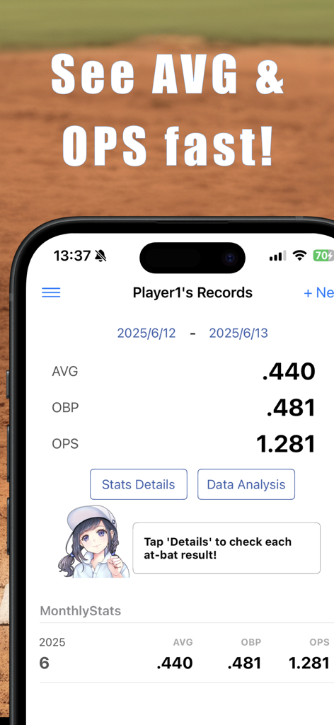 Mobile App-Oberfläche, die Baseball-Schlagdurchschnitts- und OPS-Statistiken für einen Spieler anzeigt