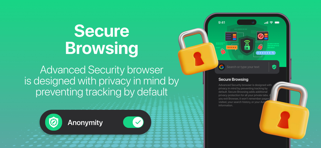 Advanced Security: Web Protect - Advanced Security app interface showing secure browsing features and anonymity toggle with padlocks