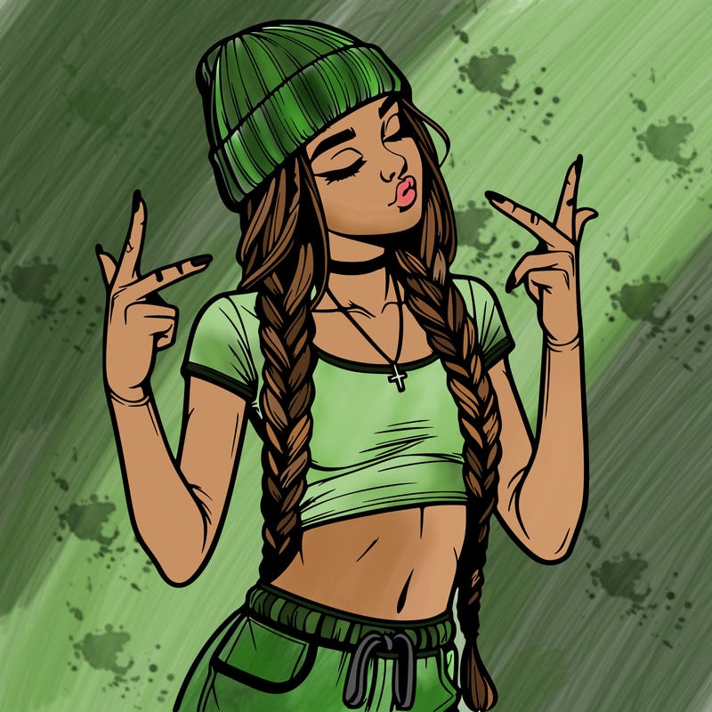 realistic teenage girl with braids and a beanie and crop top doing 🫶🏼