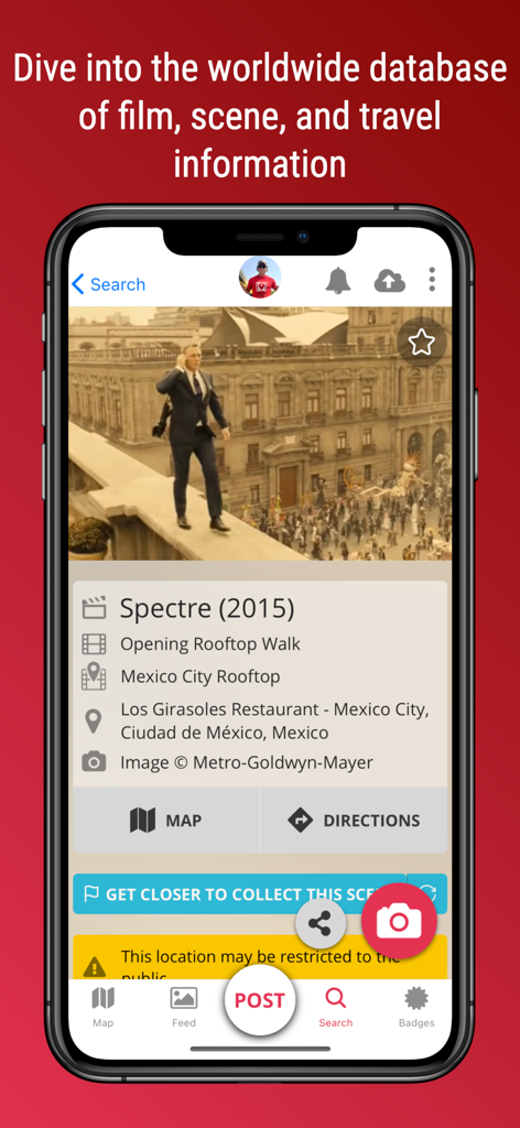 SetJetters: Movie Locations - SetJetters app screen showing the Spectre movie filming location in Mexico City.