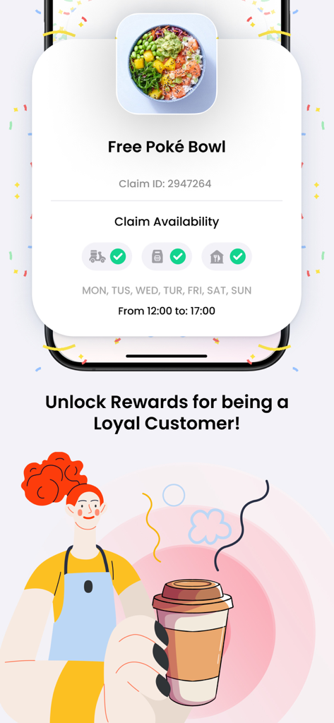 Embargo Wallet - Embargo Wallet app interface showing a free poke bowl reward and an illustration of a person holding a coffee