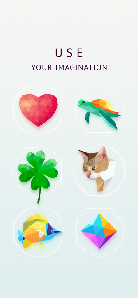 A gallery of low poly 3D puzzles in Polysphere featuring a heart turtle cat and clover