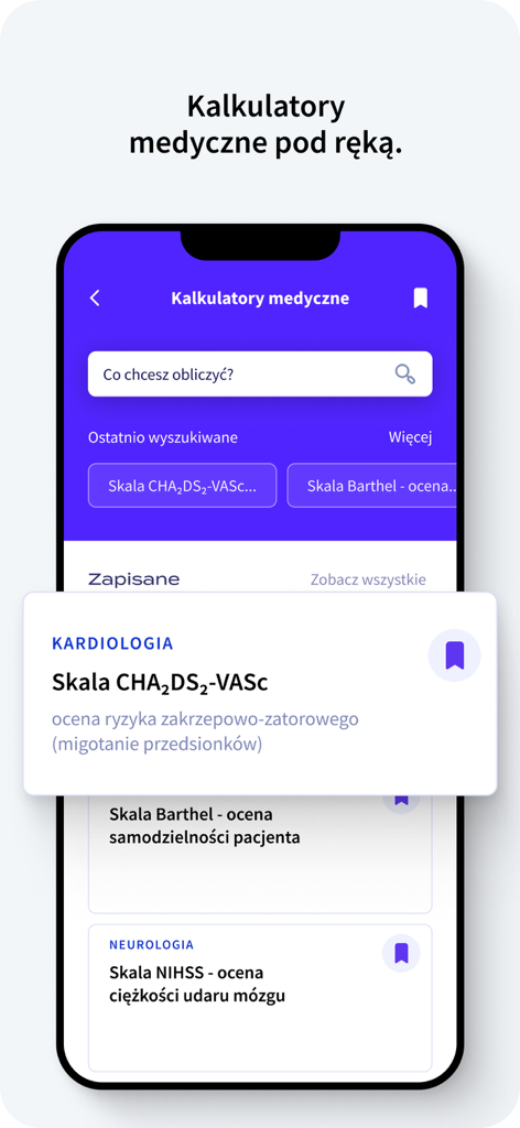 Remedium - Remedium app interface showing medical calculators like the CHA2DS2-VASc scale for cardiology