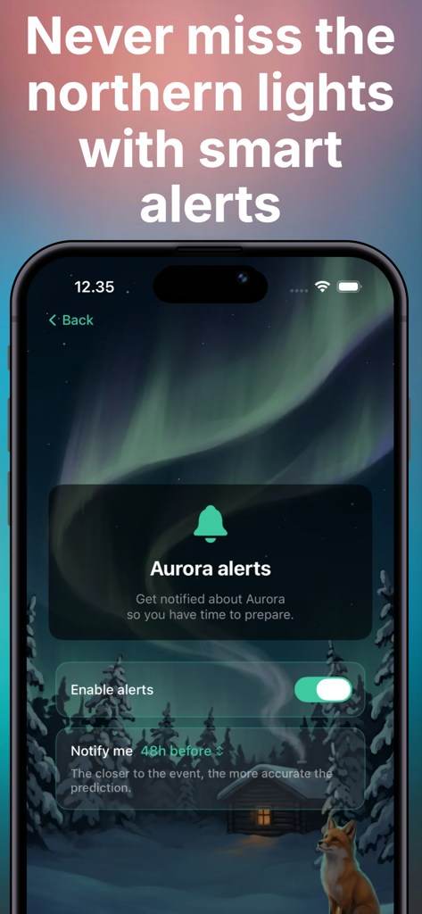 Aurora Forecast Alerts - Revon - Aurora alerts settings screen in the Revon app showing options to enable smart notifications for the northern lights
