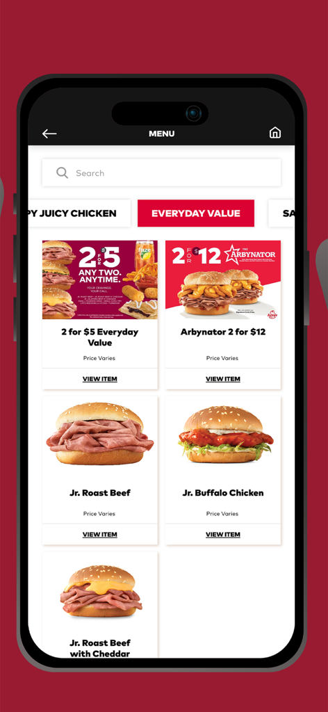 Arby's NON-US - Arbys app menu displaying everyday value deals and roast beef sandwiches