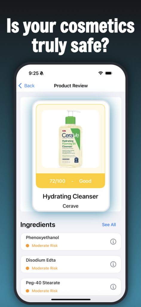 AI Skin Scanner: Skincare Time - AI Skin Scanner app screen showing a cosmetic product review with ingredient safety scores and risk levels