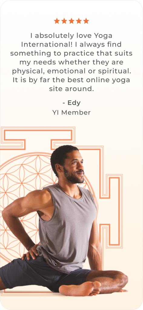 Yoga International - A five star user review for Yoga International featuring a male practitioner and a glowing testimonial about physical and spiritual benefits.