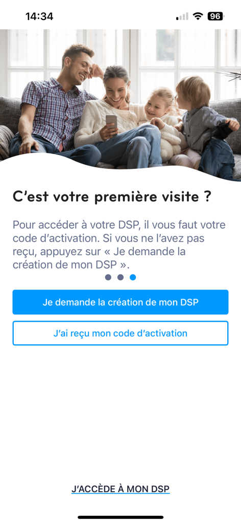 MyDSP - Pantalla de bienvenida de la aplicación MyDSP para la activación del registro de salud personal y la creación de cuentas