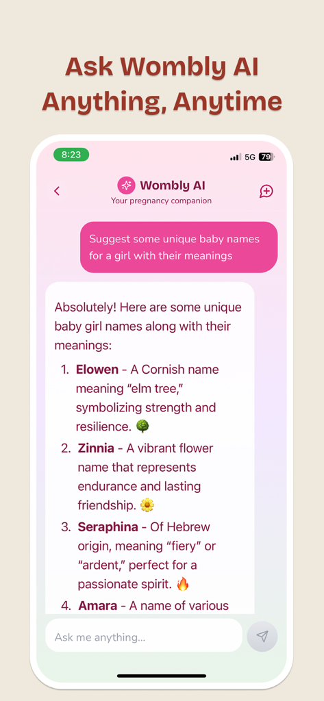 Wombly AI pregnancy companion providing unique baby girl names and meanings in a chat interface.