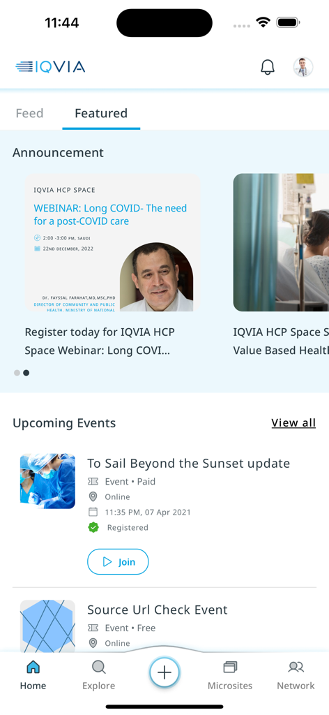 HCP Space - Pantalla destacada de la aplicación HCP Space mostrando seminarios web y eventos médicos.