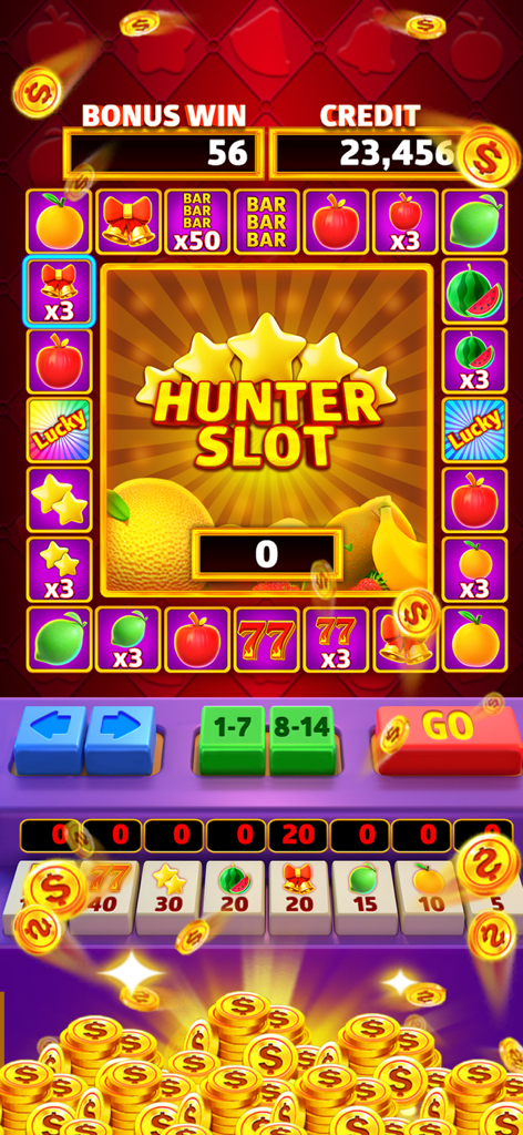 Hunter Slot - Colorful slot machine interface of Hunter Slot game showing fruit symbols and a pile of gold coins