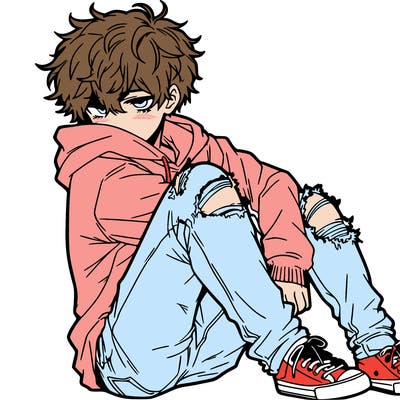 a male hoddie ripped jeans messy hair anime