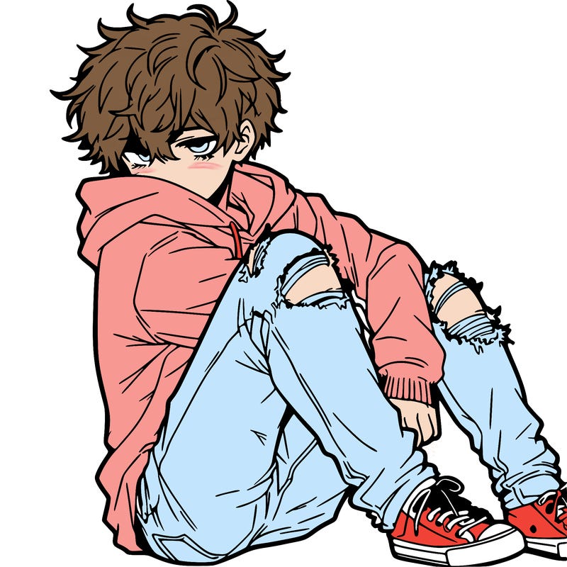 a male hoddie ripped jeans messy hair anime