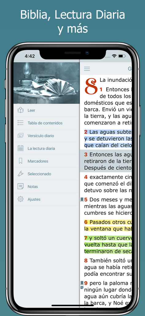 La Biblia NTV en Español Audio - Interface of the Spanish NTV Bible app showing reading tools and highlighted text