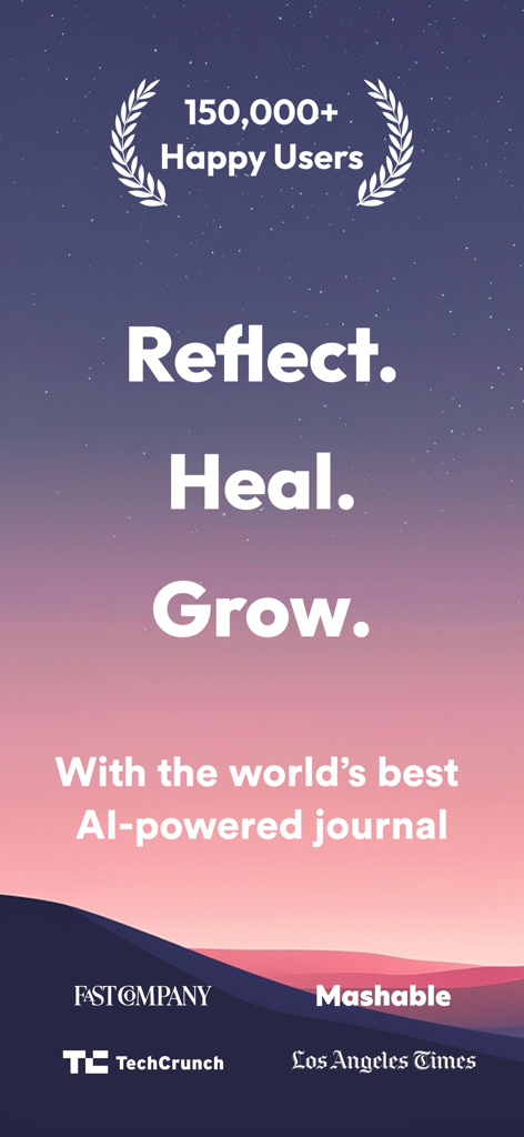 Rosebud: AI Journal & Diary - Rosebud AI Journal intro screen with Reflect Heal Grow slogan and press endorsements