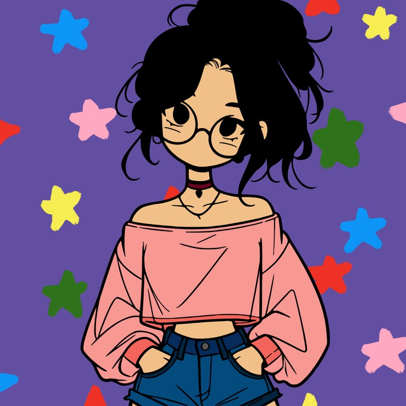 girl with a messy ponytail glasses a baggy crop top and jean shorts