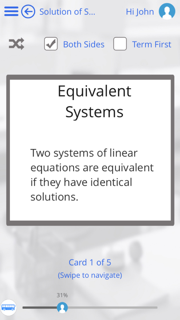 Learn Engineering Math by GoLearningBus - A digital flashcard from the GoLearningBus app explaining equivalent systems of linear equations.