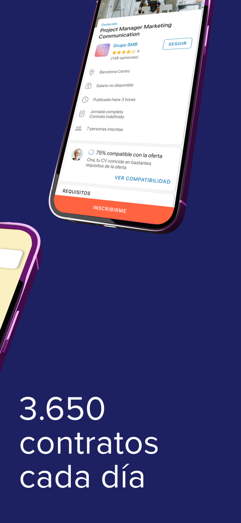 InfoJobs - Trabajo y Empleo - Ecrã da aplicação móvel InfoJobs exibindo uma vaga de Gestor de Projetos de Marketing com compatibilidade de candidato e estatísticas de contrato diário