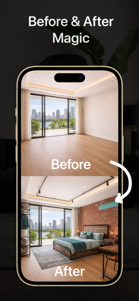 AI Room Design - Decor - Vorher-Nachher-Magie-Transformation eines leeren Raumes in ein dekoriertes Schlafzimmer mit KI