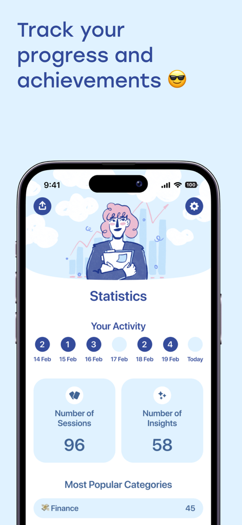 Panel de la aplicación OhSofia AI Therapy que muestra el seguimiento de actividad y las ideas de las sesiones