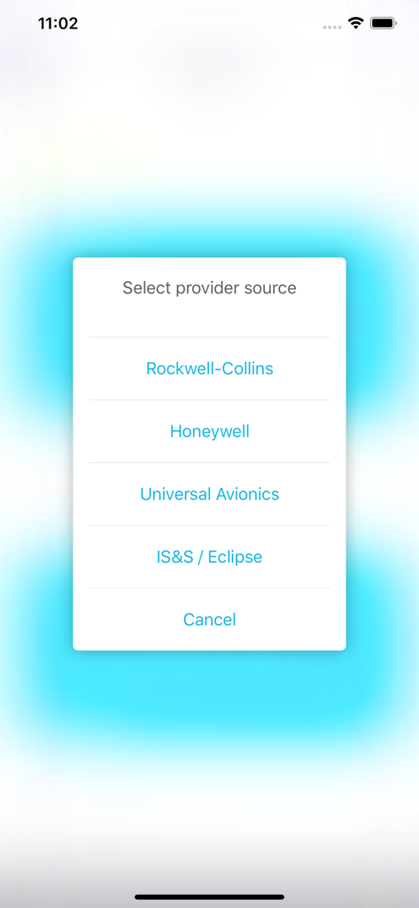 Bad Elf Wombat - Tela móvel mostrando um menu para selecionar uma fonte de provedor de aviônicos, incluindo Rockwell-Collins e Honeywell