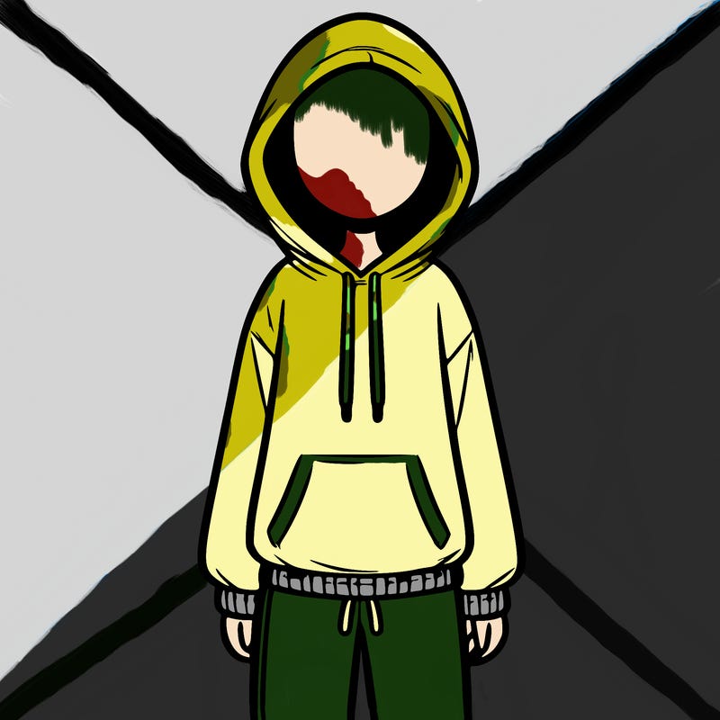 faceless girl in a tracksuit with a hood on and no hair